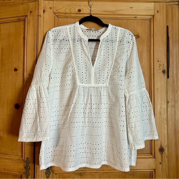 LOFT White Eyelet Cotton Blouse with Ruffle Sleeve Sz XL - Picture 1 of 7